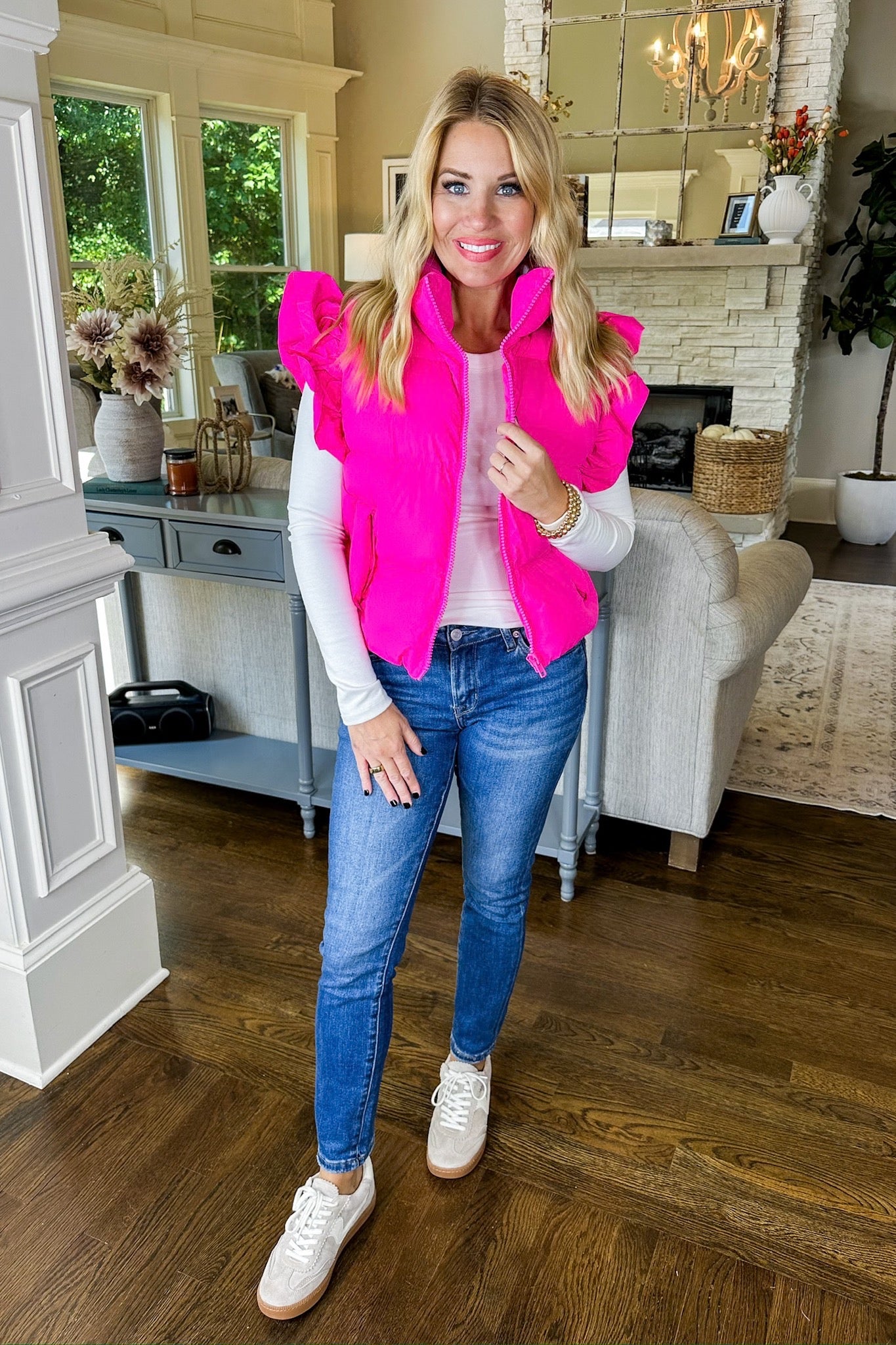 Cropped Pocketed Ruffle Sleeve Zip Up Puffer Vest in Hot Pink