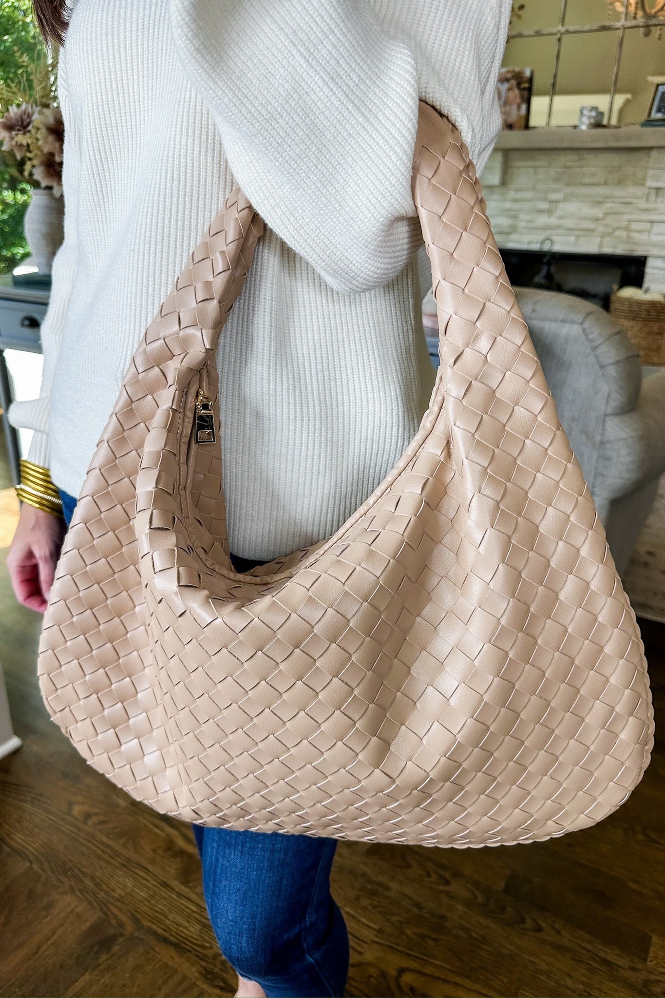 The Victoria Woven Vegan Leather Hobo Bag in Khaki