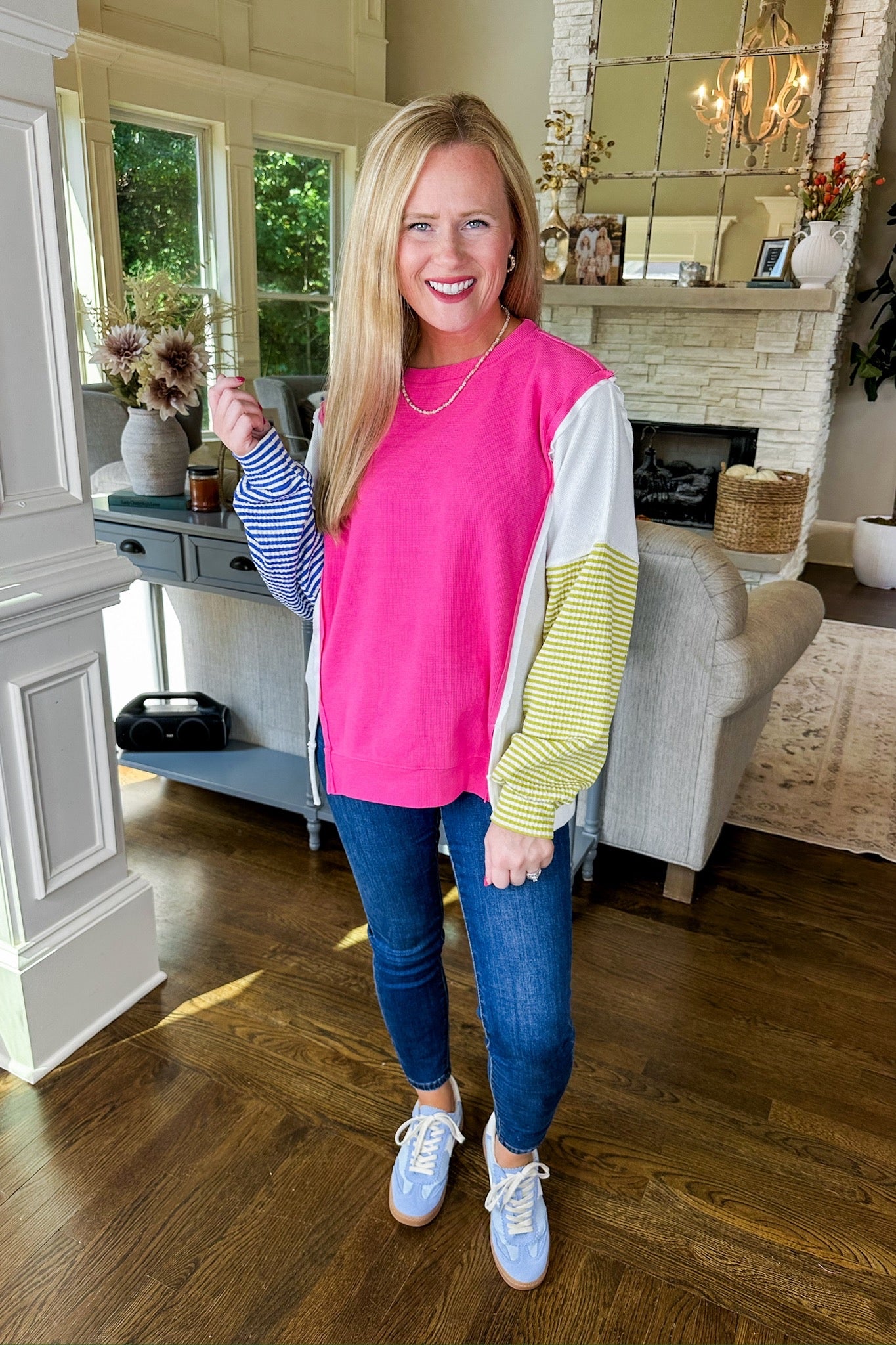 Multi Color Striped Sleeve Pink & White Long Sleeve Top