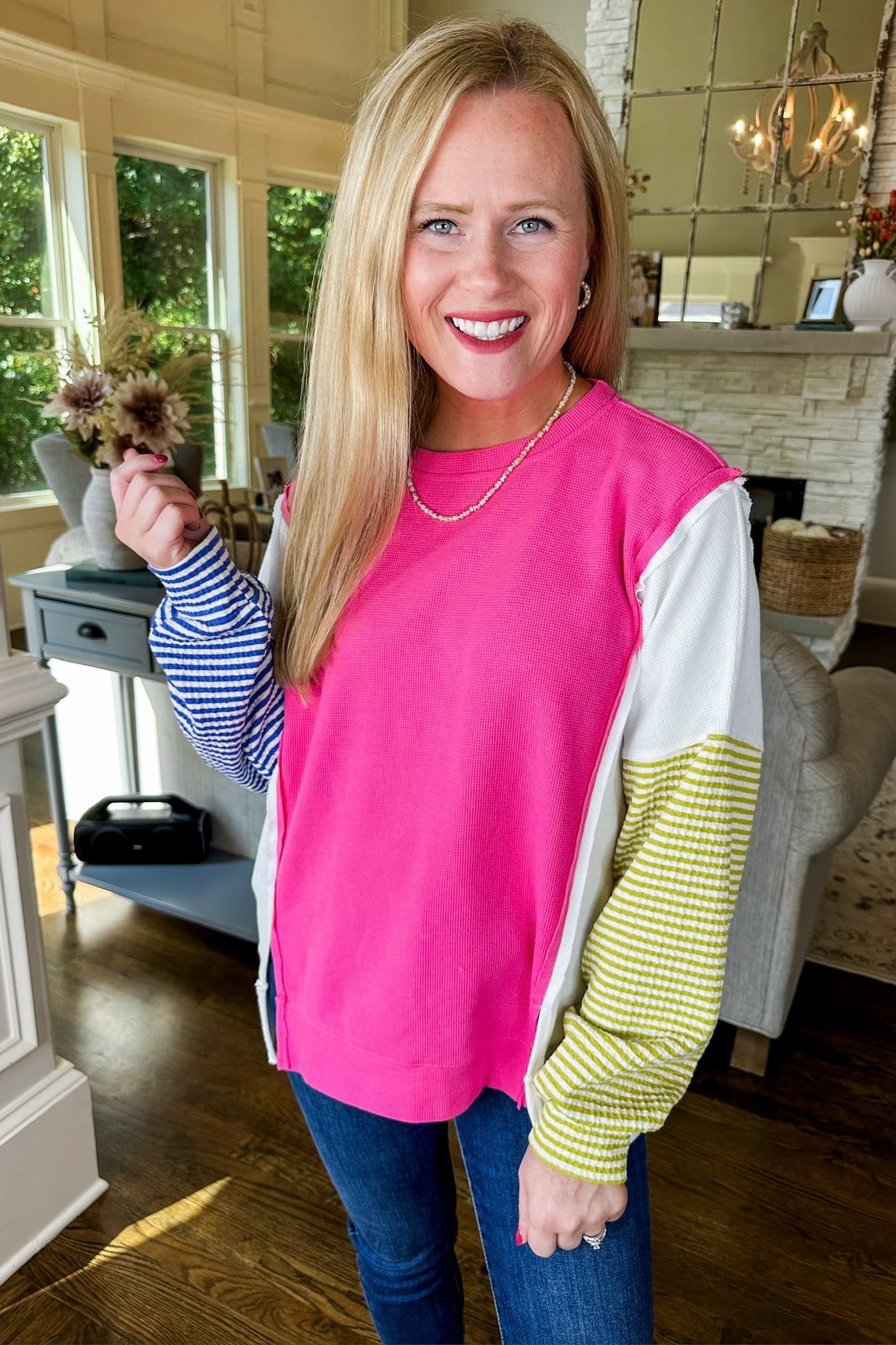 Multi Color Striped Sleeve Pink & White Long Sleeve Top