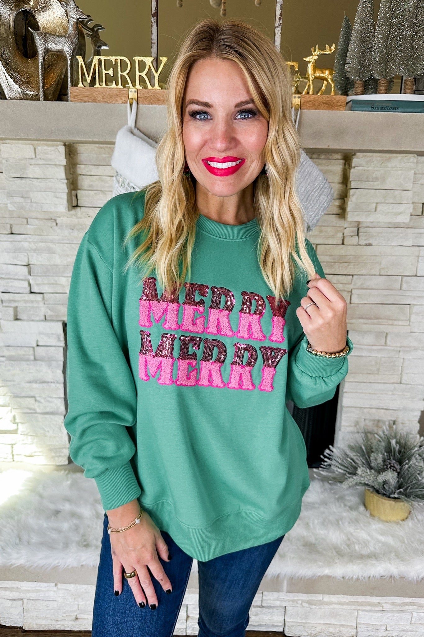 The Sarah Merry Merry Sequined Sherpa Script Sweatshirt