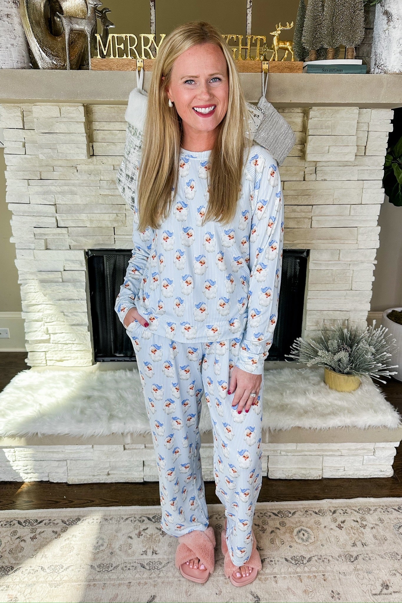 Santa Baby Christmas Long Sleeve Top & Pants Pajama Set in Blue