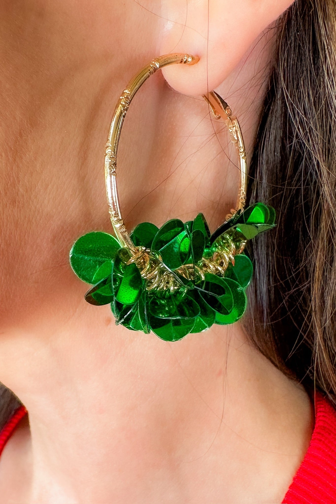 Layered Acrylic Round Sequin Gold Hoop Earring in Green