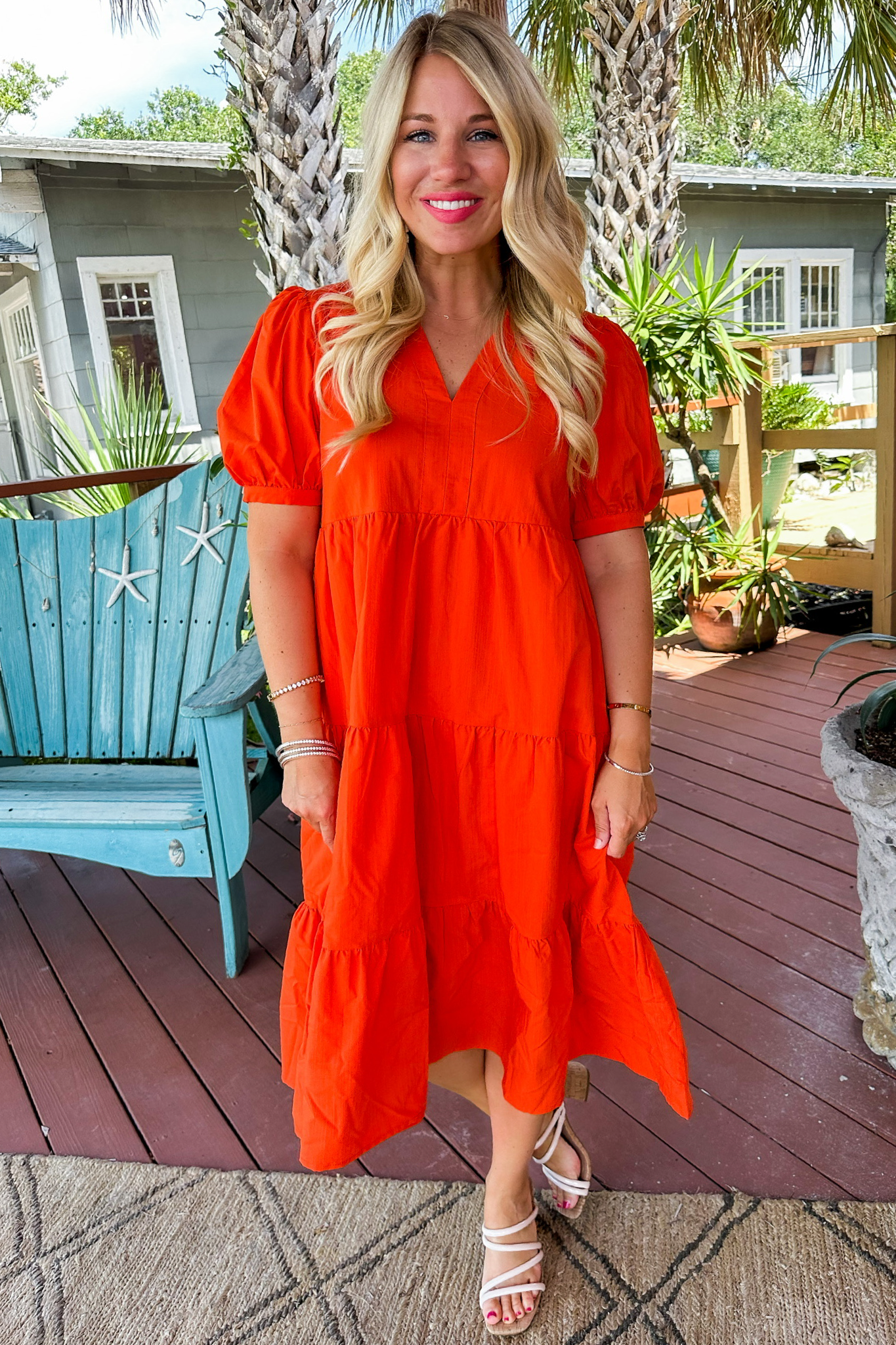 Orange Collared Puff Sleeve Tiered Dress by THML