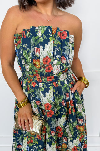 The Garden Soirée Midi Dress in Navy Floral
