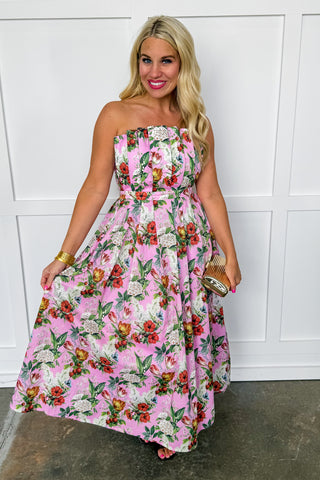 The Garden Soirée Midi Dress in Pink Floral