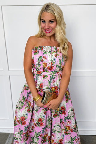 The Garden Soirée Midi Dress in Pink Floral