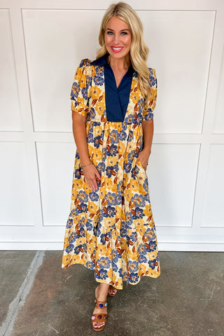 Magical Moments Gold & Navy Midi Dress