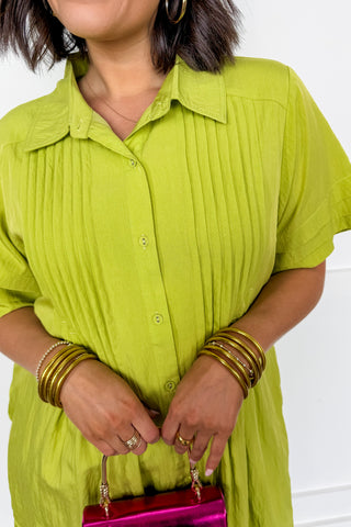 Easy Living Pleated Button Down Dress in Chartreuse