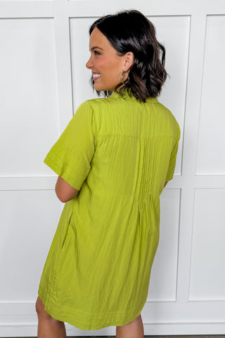 Easy Living Pleated Button Down Dress in Chartreuse