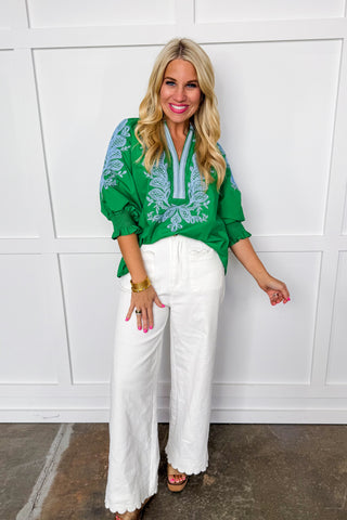 The Laurel Green & Light Blue Embroidered Top