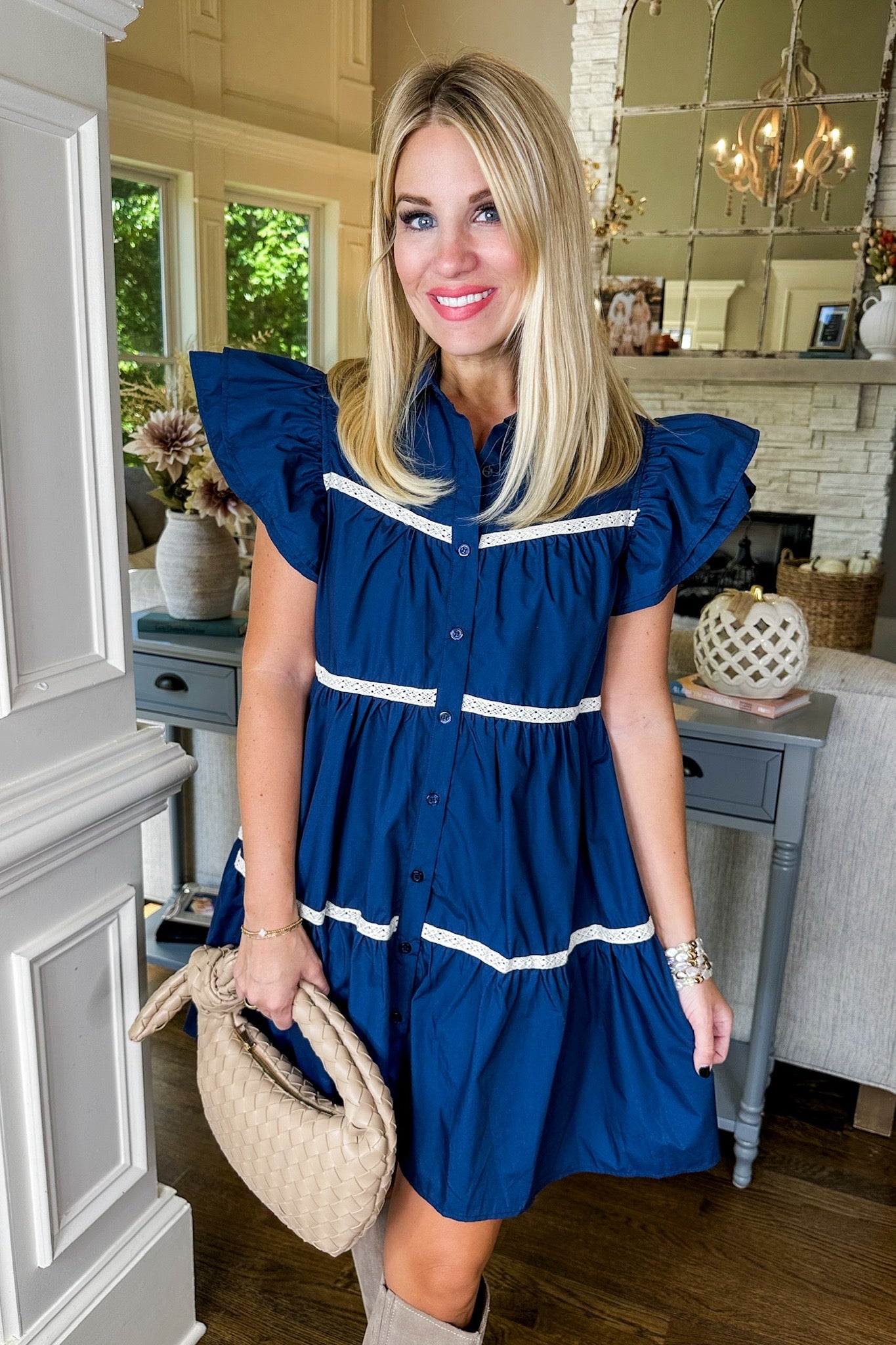 Lace Trim Tiered Button Down Navy Dress