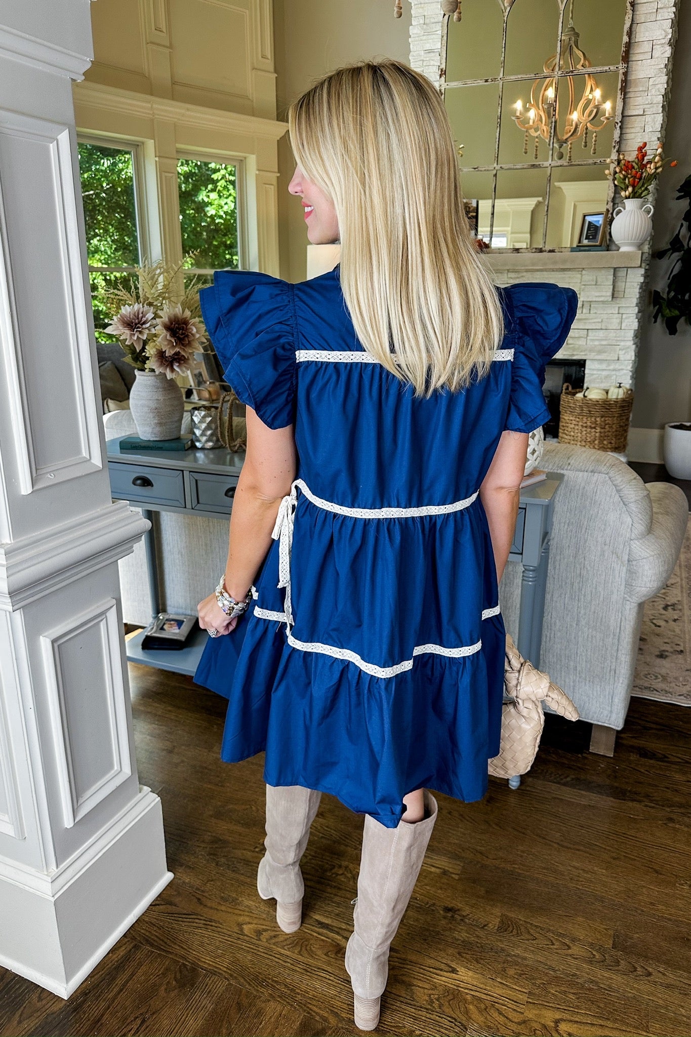 Lace Trim Tiered Button Down Navy Dress