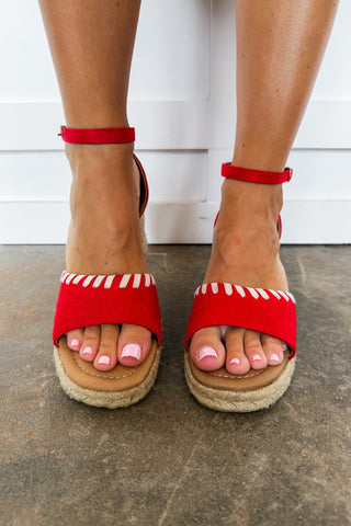 The Peyton Stitch Espadrille Wedge in Red