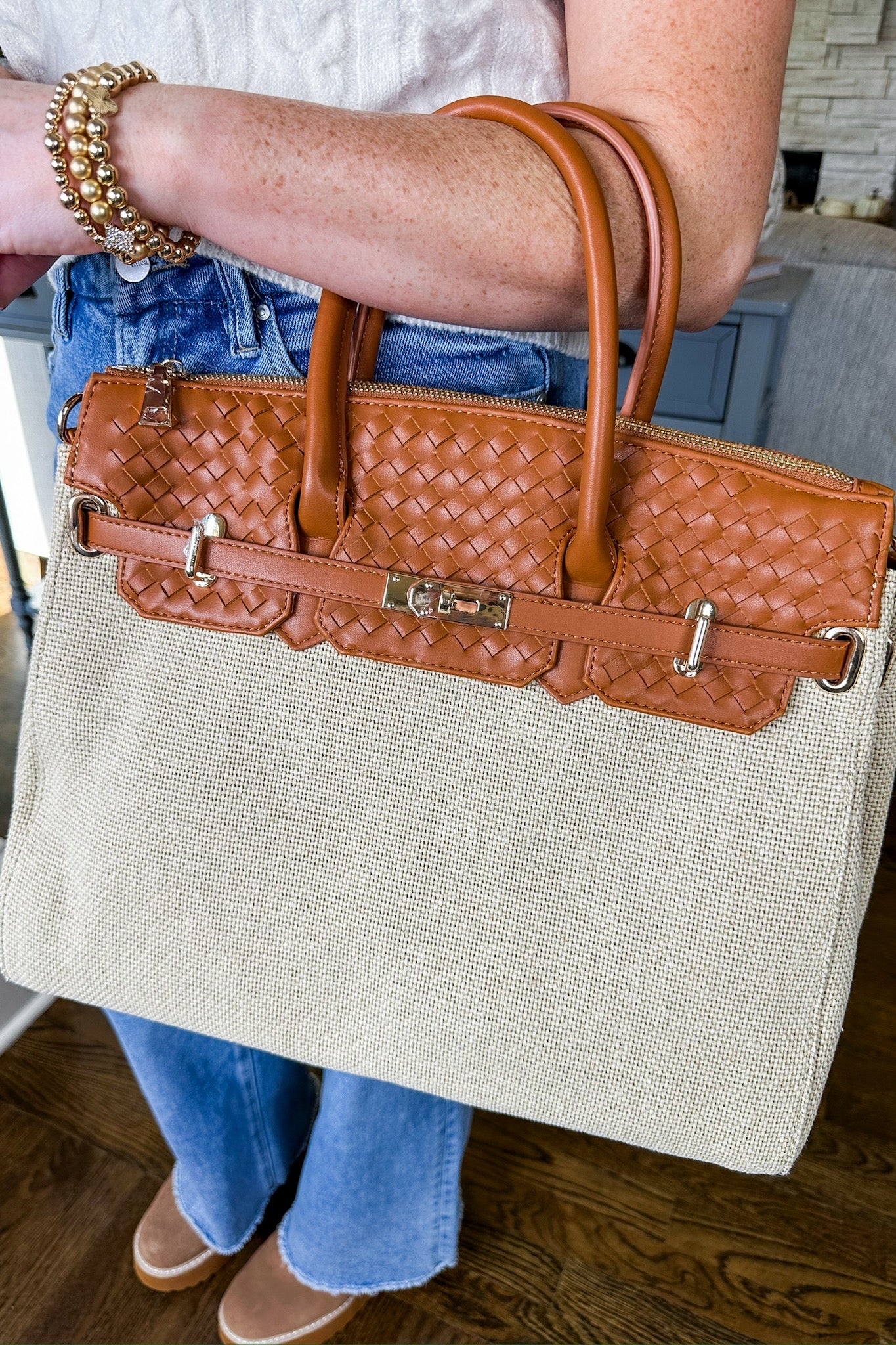 Fabric Woven Faux Leather Gold Accented Satchel