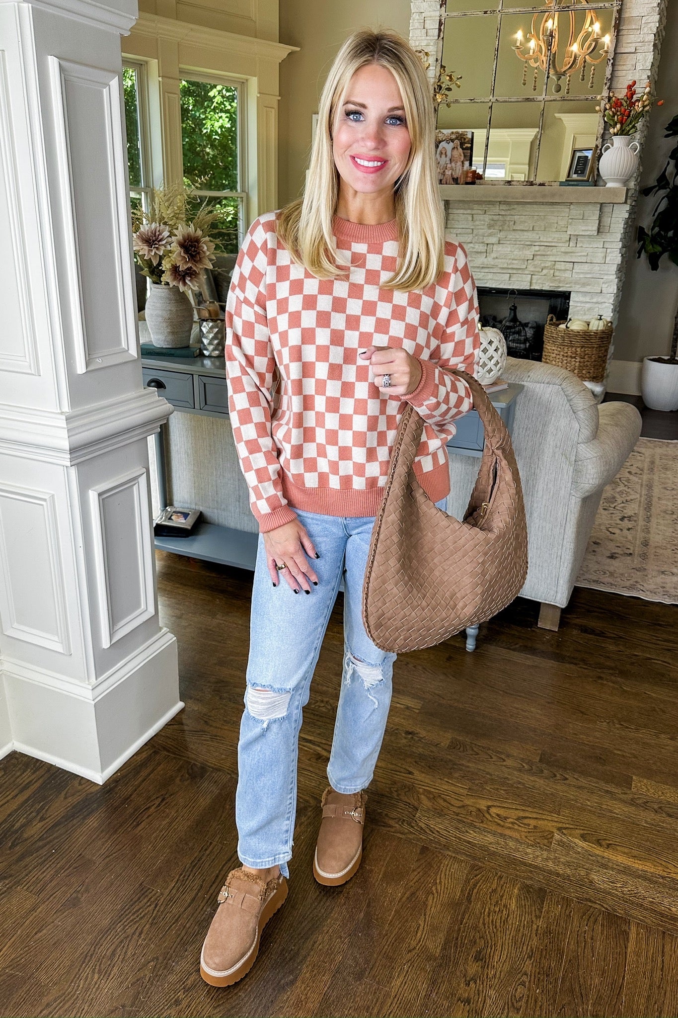 Orange Brown Checkered Cozy Long Sleeve Sweater