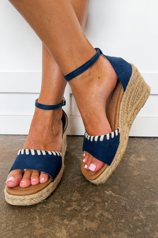 The Peyton Stitch Espadrille Wedge in Navy