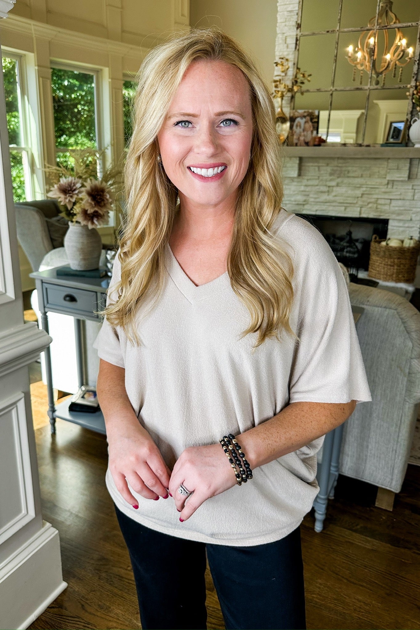 Soft Textured V Neck Short Sleeve Top in Taupe