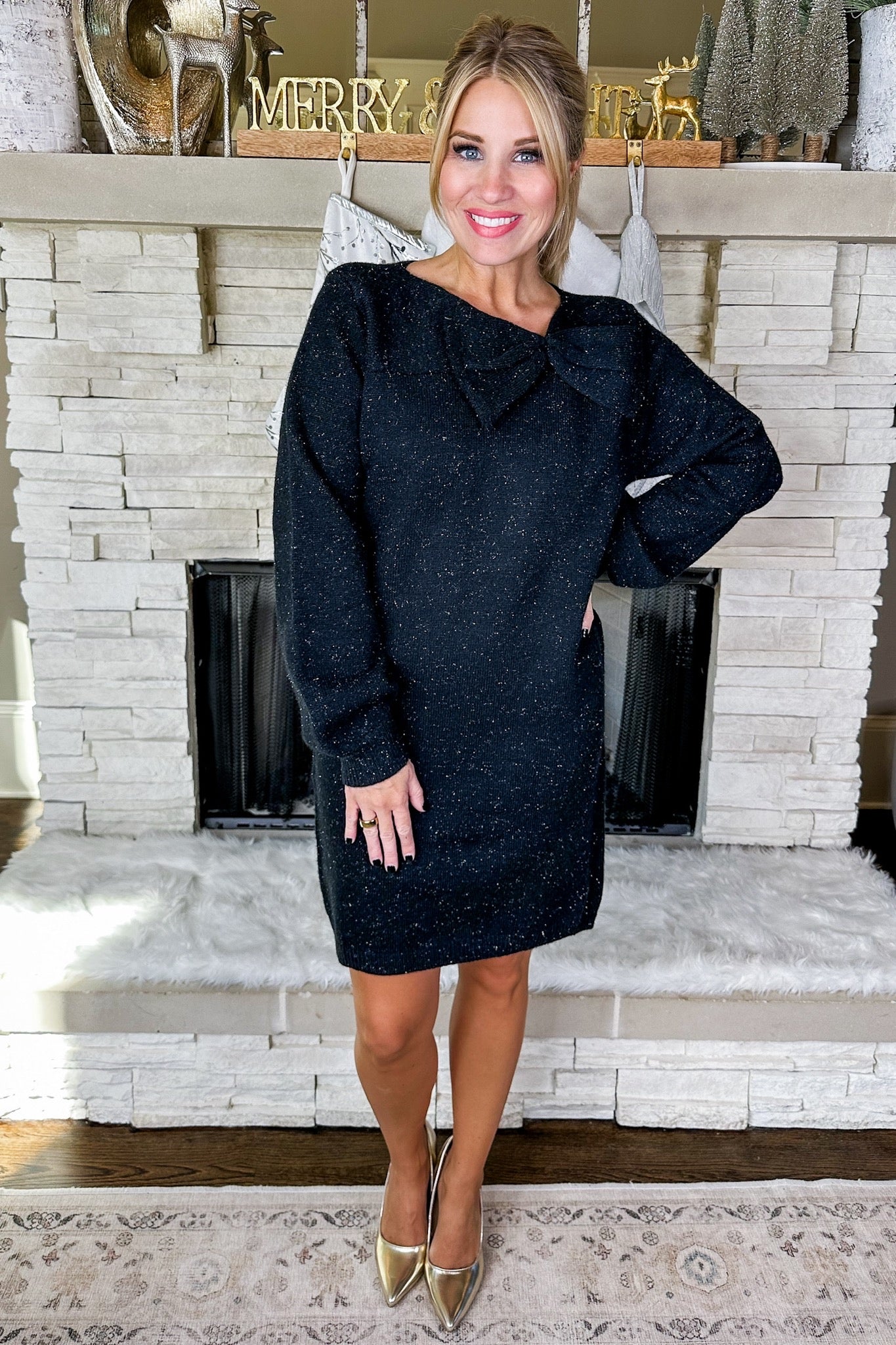 Sophisticated Black Shimmer Knit Bow Neck Dress