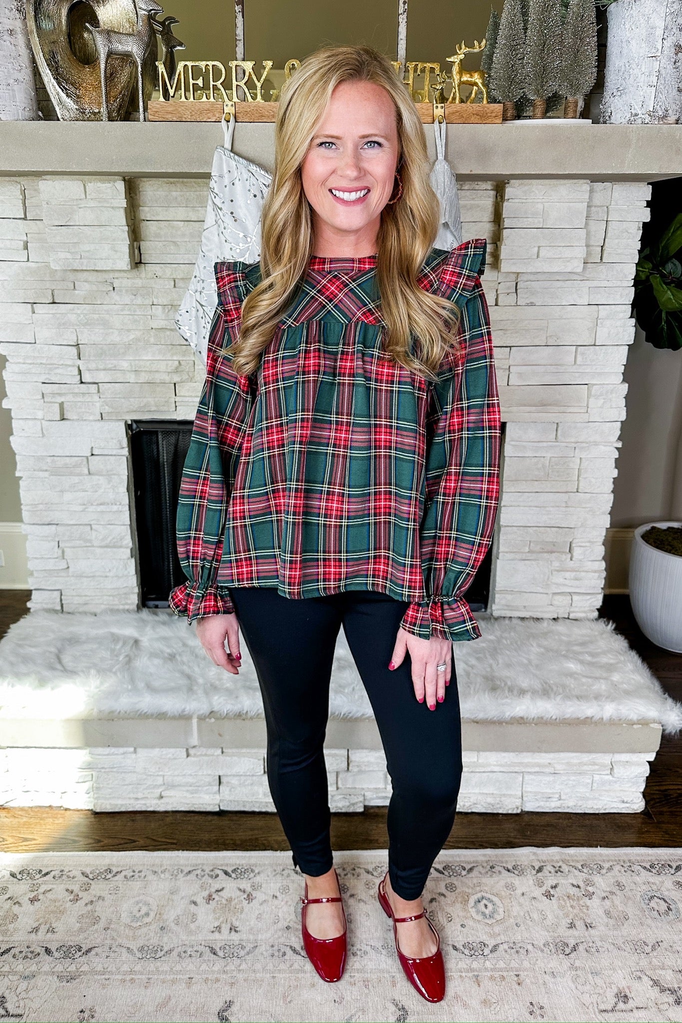 Green Christmas Tartan Plaid Ruffle Sleeve Top