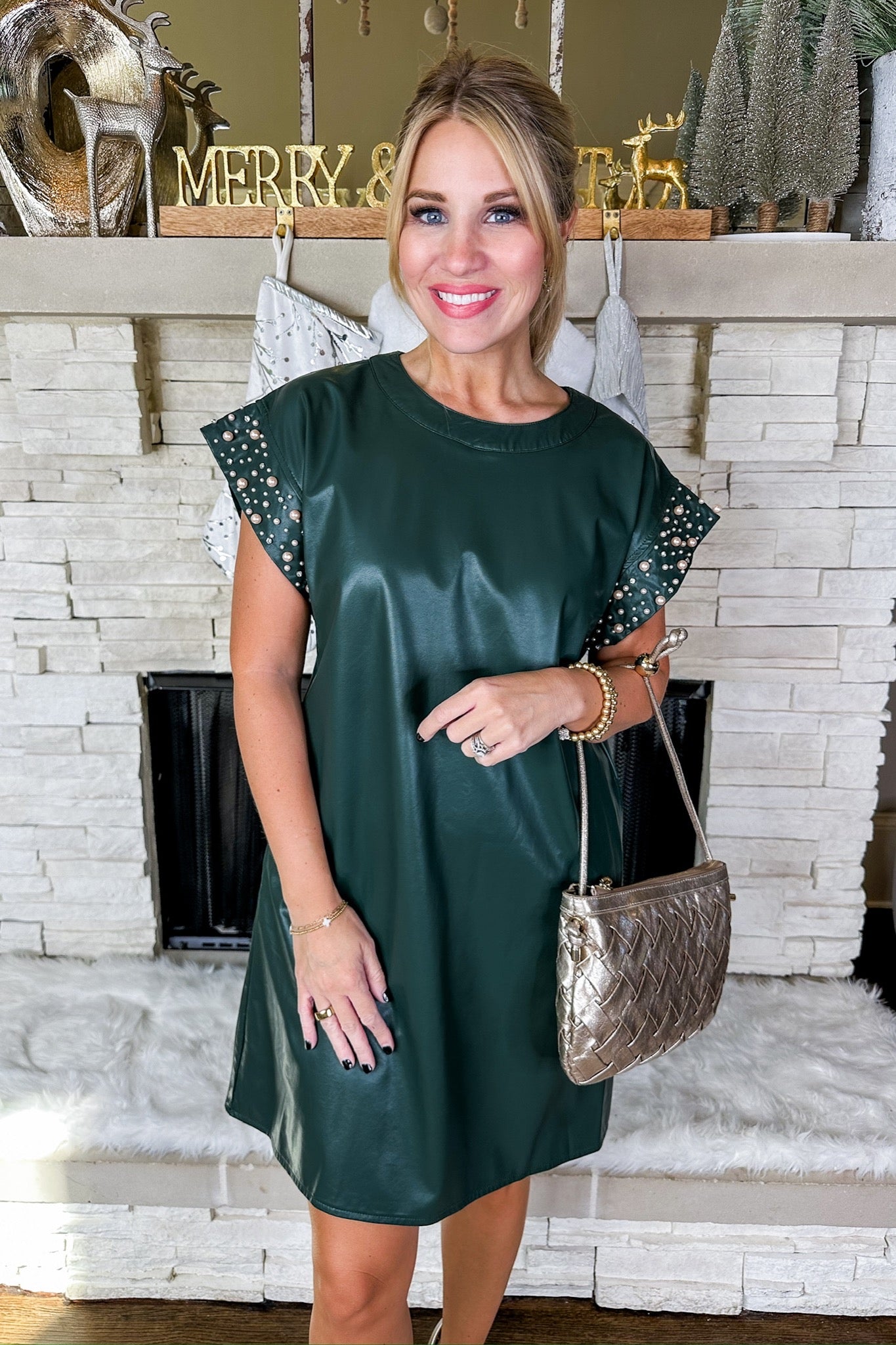 Pearl Studded Cap Sleeve Pleather Dress in Hunter Green