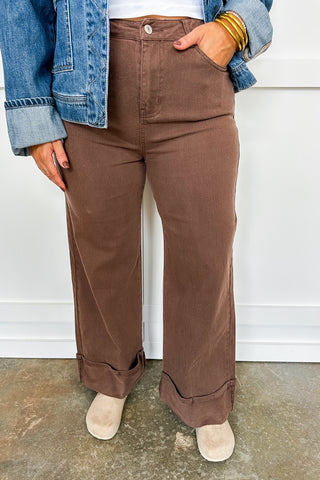 Chocolate Cropped Wide Leg Cuffed Pant