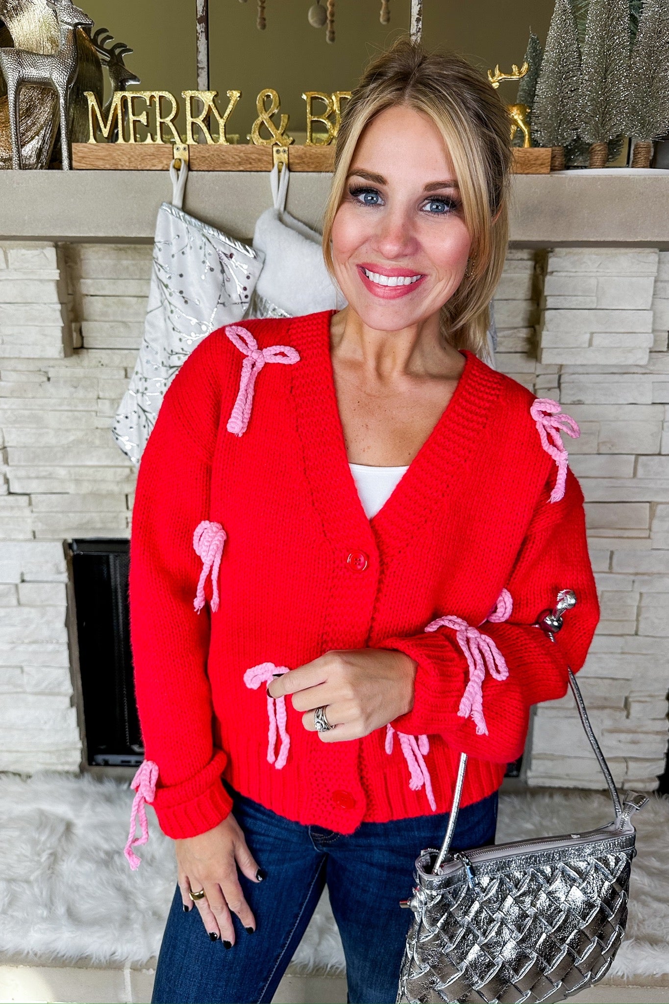 Very Demure Christmas Red/Pink Bow Sweater Cardigan