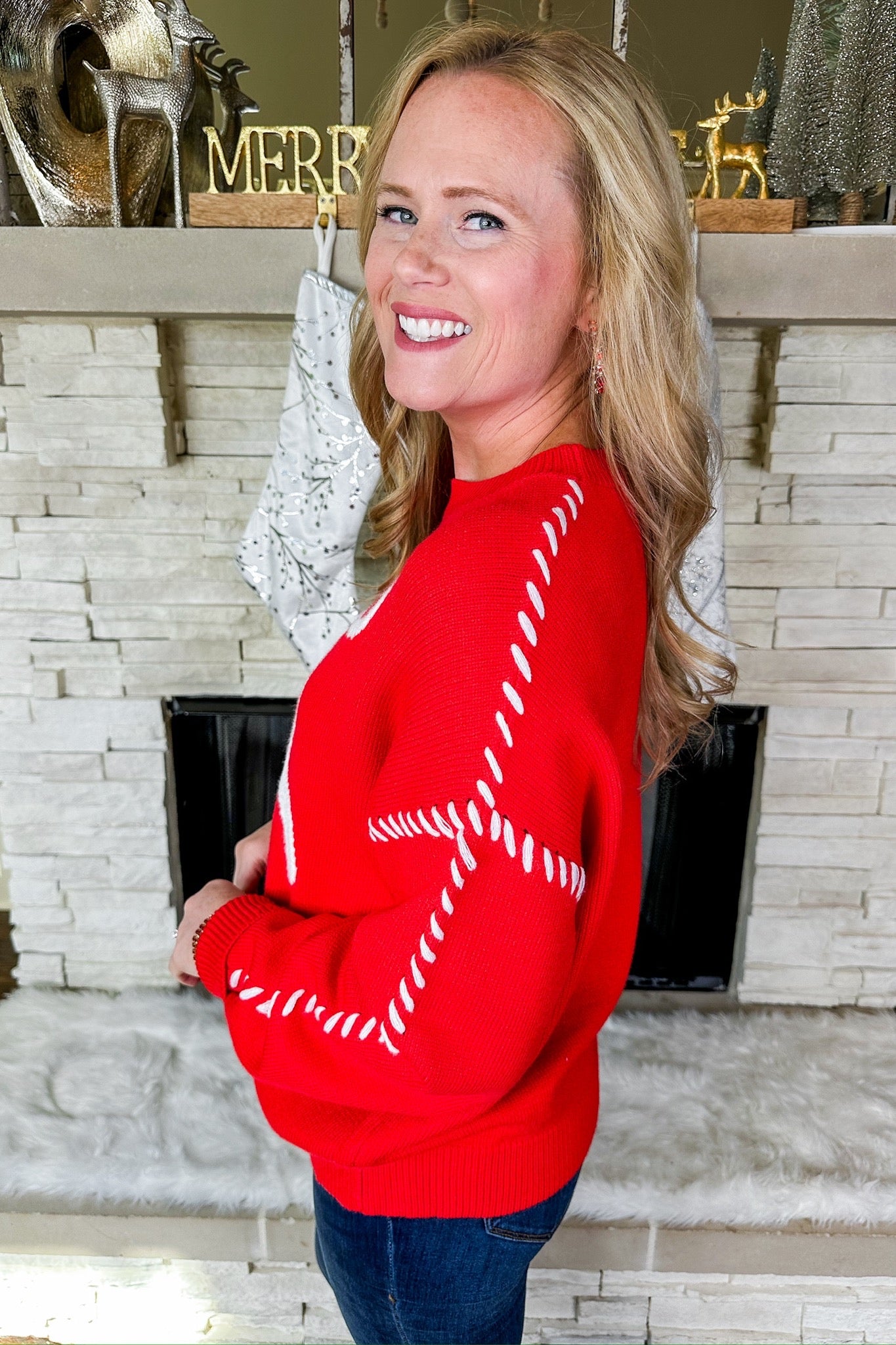 White Coquette Bow Stitched Seam Red Knit Sweater