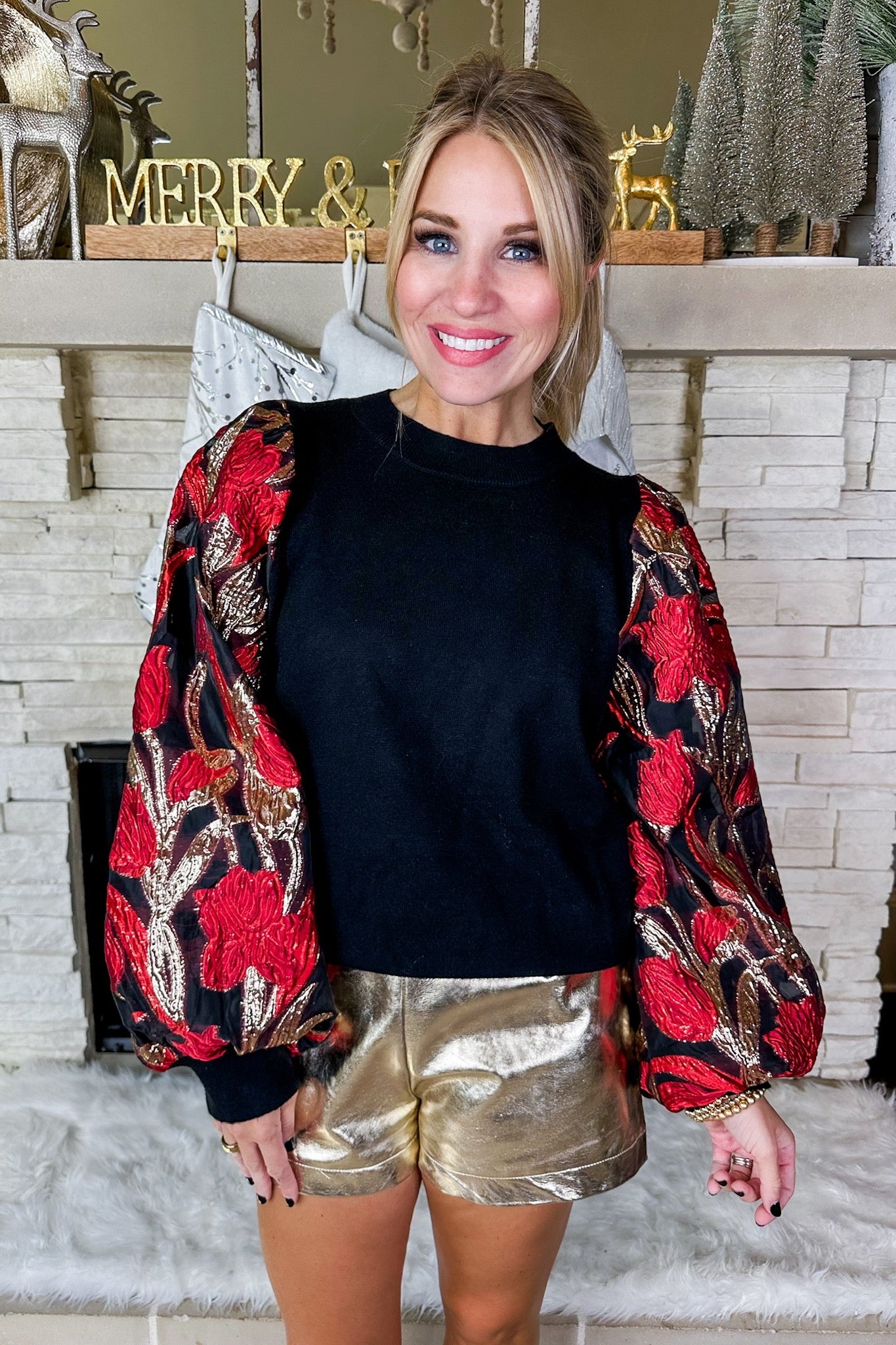 Elegant Lined Statement Floral Sleeve Sweater Top in Black