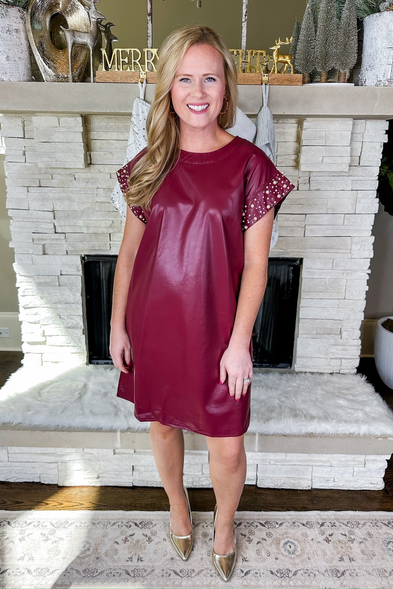 Pearl Studded Cap Sleeve Pleather Dress in Merlot