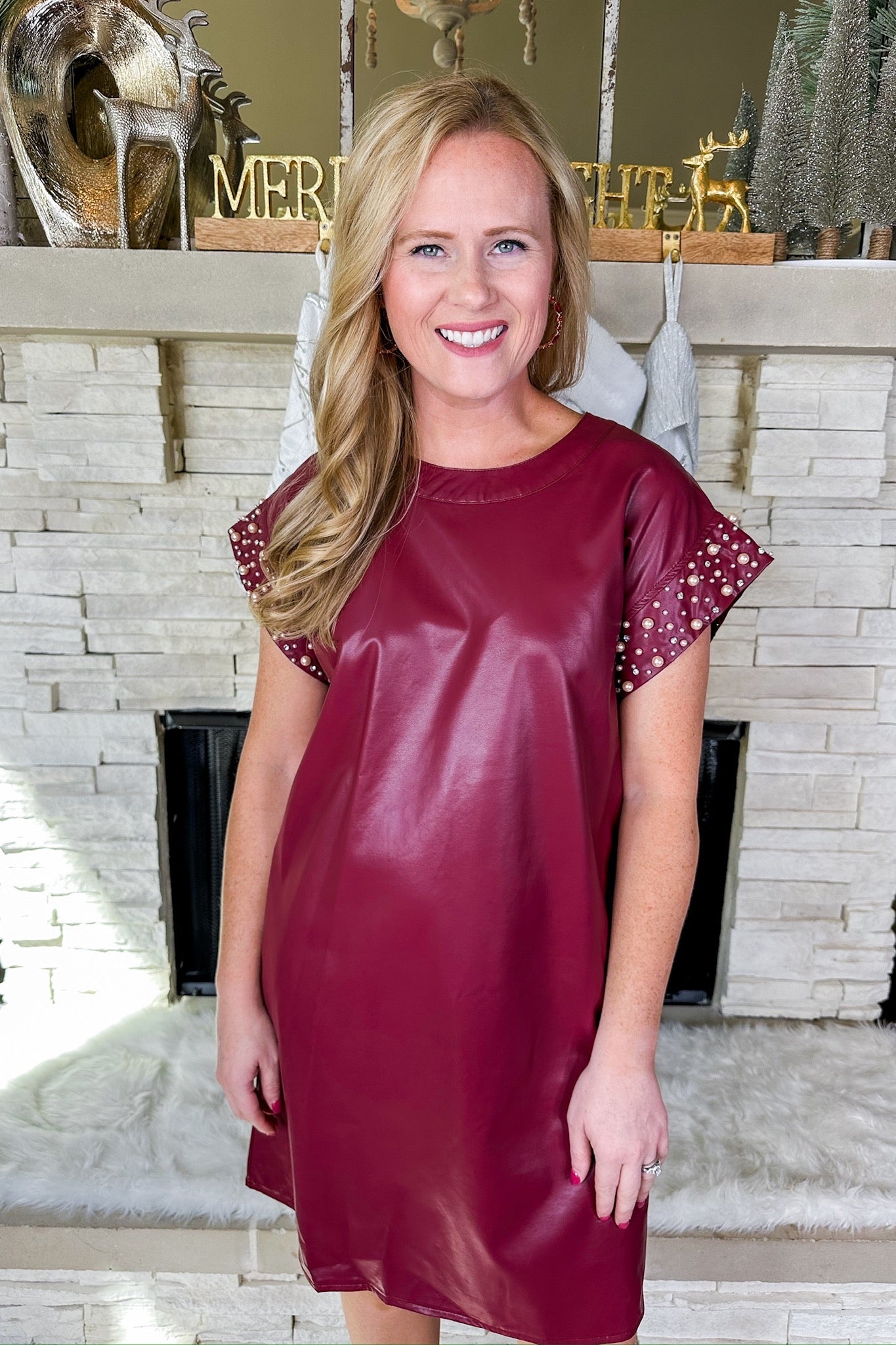 Pearl Studded Cap Sleeve Pleather Dress in Merlot