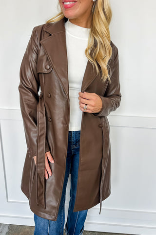Classic Cocoa Faux Leather Trench Coat