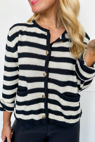 Black & White Striped Gold Button Cardigan