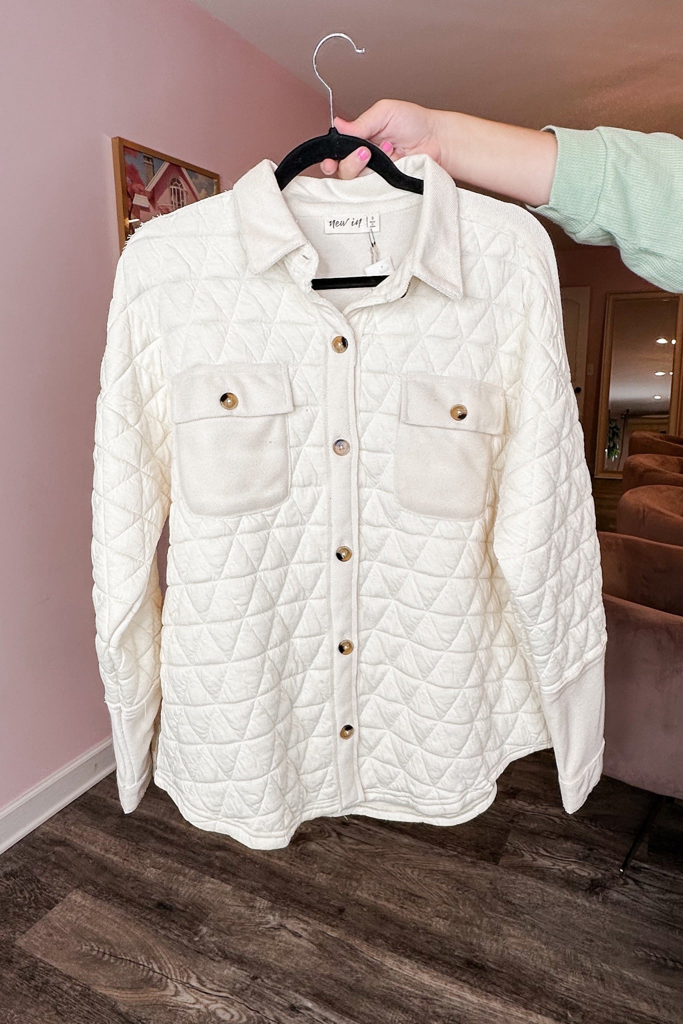 Cream Pocketed Geometric Quilted Button Down Shacket