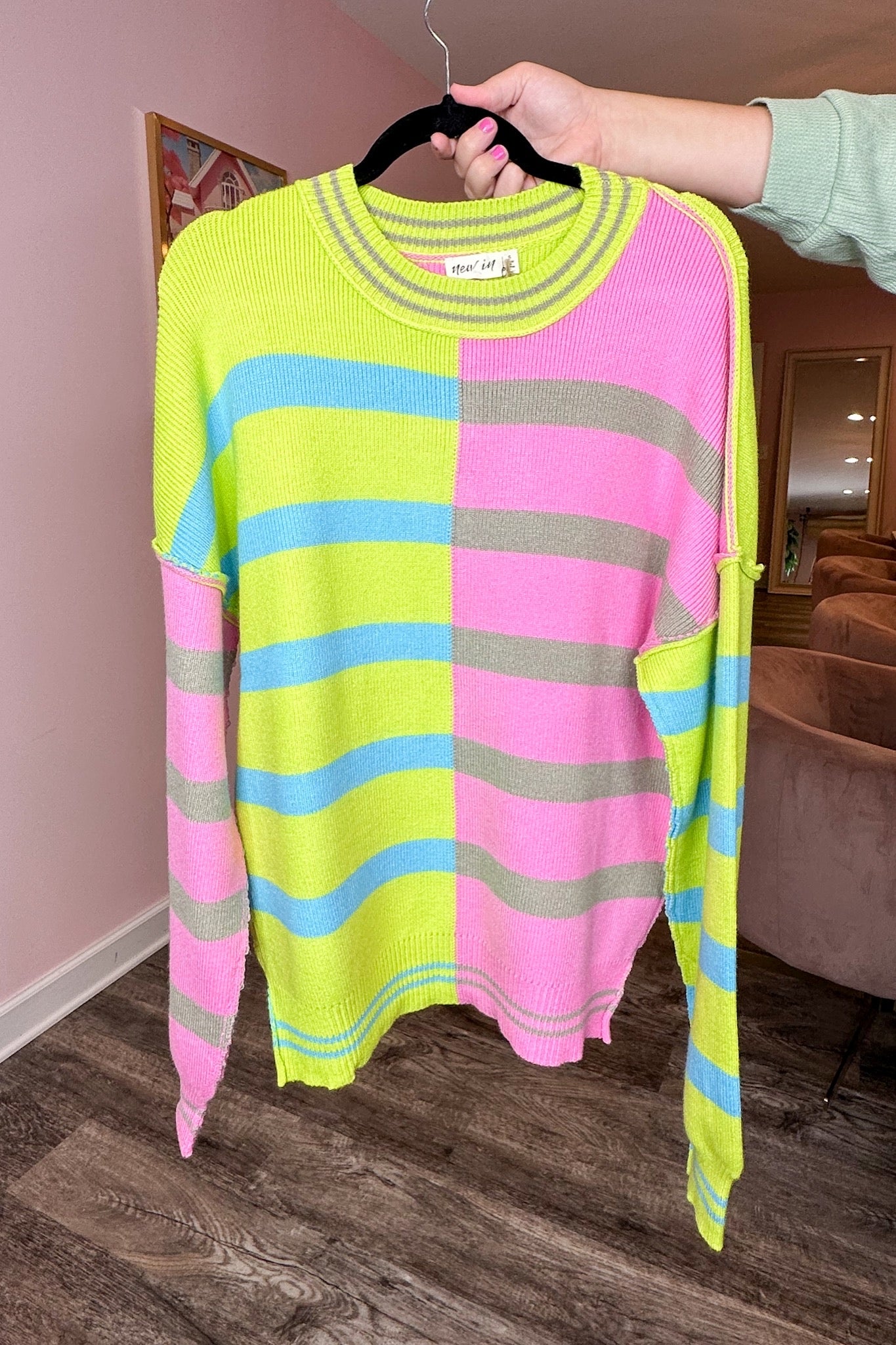 Pink/Lime Green Color Block Striped Exposed Seam Sweater