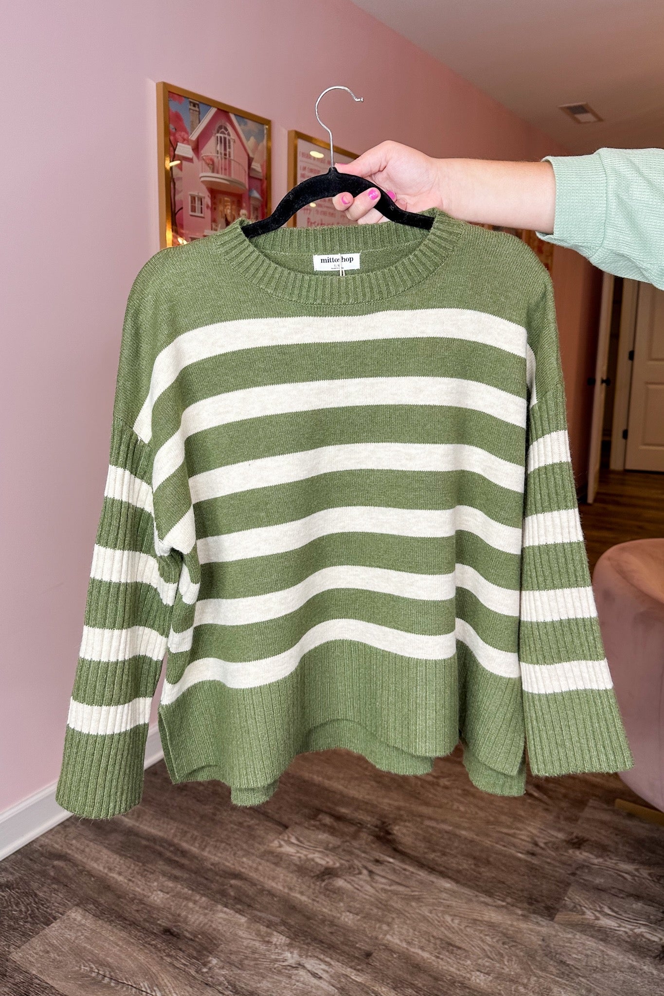 Cream Stripe Ribbed Sleeve Knit Sweater in Olive