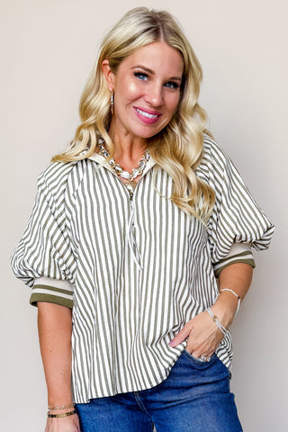 Olive & White Striped Zipper Collared Top