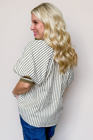 Olive & White Striped Zipper Collared Top