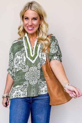 The Sarah Top in Printed Olive & White