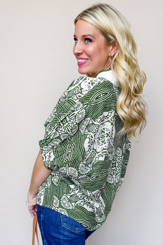The Sarah Top in Printed Olive & White