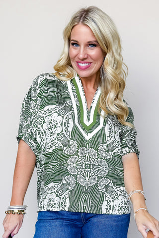 The Sarah Top in Printed Olive & White