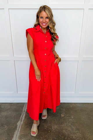 Always Put Together Button Front Midi Dress in Red Jules & James Boutique Always Put Together Button Front Midi Dress in Red Jules & James Boutique
