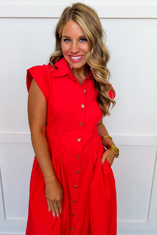 The Amy Button Front Midi Dress in Red