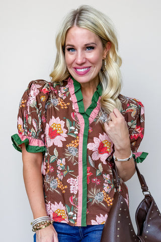 Brown Floral Ruffle Printed Top