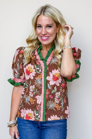 Brown Floral Ruffle Printed Top