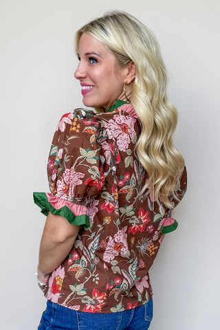 Brown Floral Ruffle Printed Top