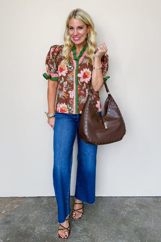 Brown Floral Ruffle Printed Top
