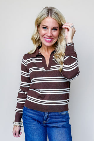 Caramel Drizzle Collared Striped Sweater Top