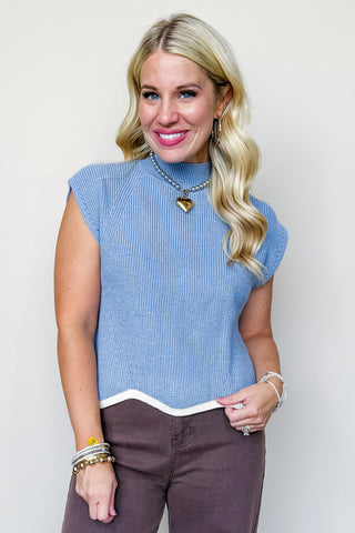 Denim & Cream Turtle Neck Scallop Trim Top