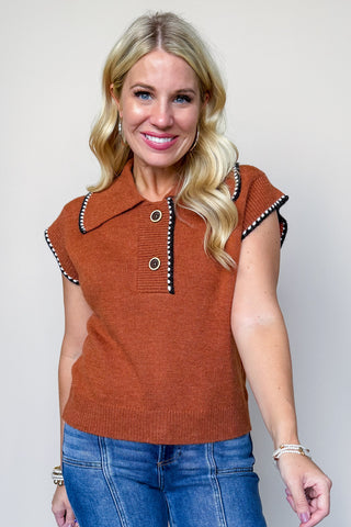 Terracotta Collared Short Sleeve Sweater Top